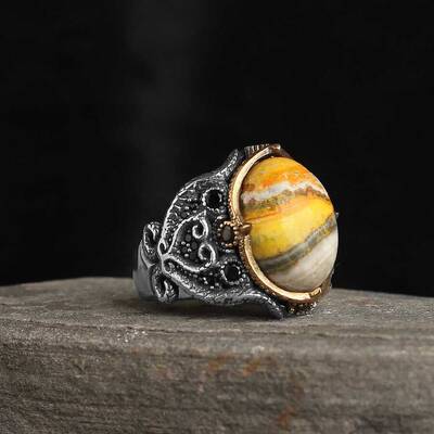 925 Sterling Silver Men's Ring With Bumble Be Jasper Stone - 1