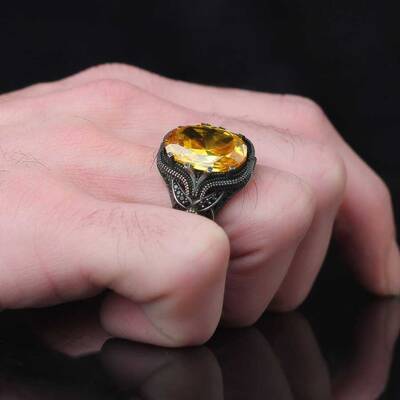 925 Sterling Silver Men's Ring With Citrine Stone - 3