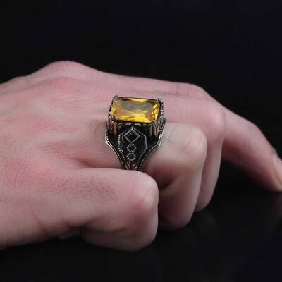 925 Sterling Silver Men's Ring With Citrine Stone - 3