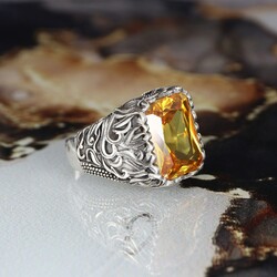925 Sterling Silver Men's Ring With Citrine Stone - Luxury Jewelry