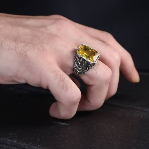 925 Sterling Silver Men's Ring With Citrine Stone - 3