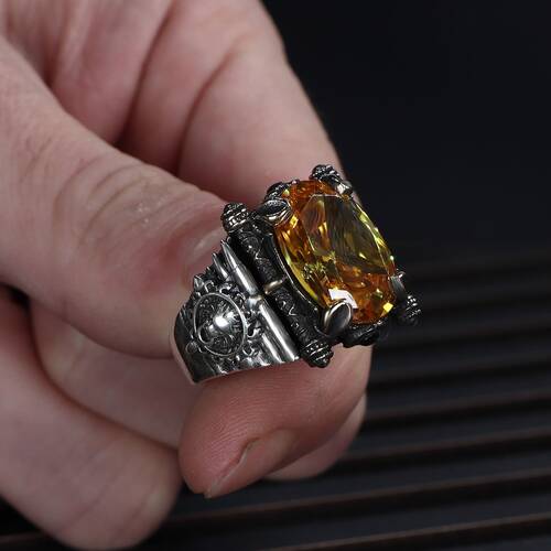 925 Sterling Silver Men's Ring With Citrine Stone - 3