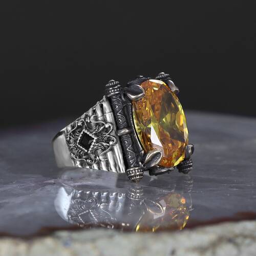 925 Sterling Silver Men's Ring With Citrine Stone - 1