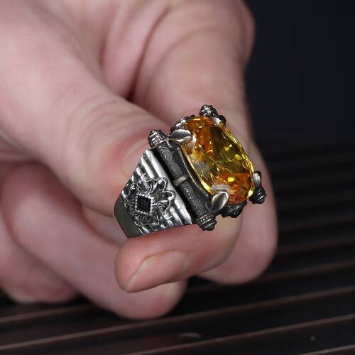 925 Sterling Silver Men's Ring With Citrine Stone - 3