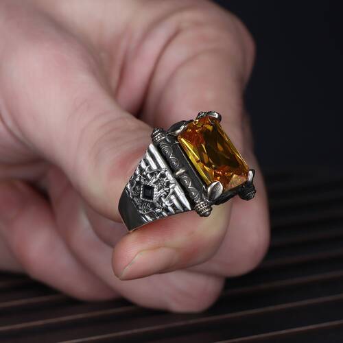 925 Sterling Silver Men's Ring With Citrine Stone - 3
