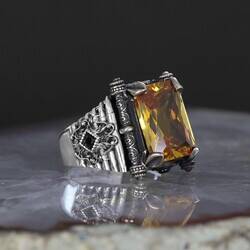 925 Sterling Silver Men's Ring With Citrine Stone - 4