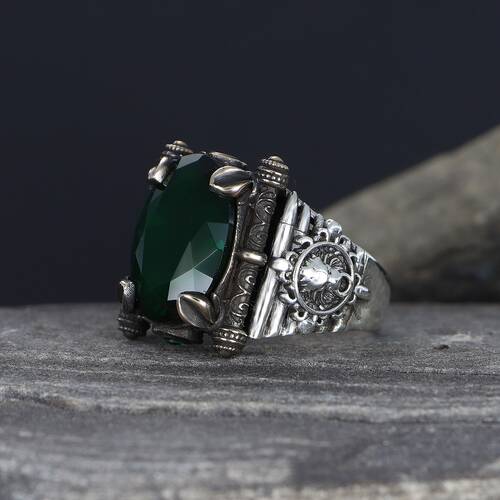 925 Sterling Silver Men's Ring With Green Zircon Stone - 2