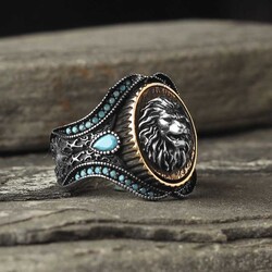 925 Sterling Silver Men's Ring With Lion Head Turquoise Stone - Luxury Jewelry