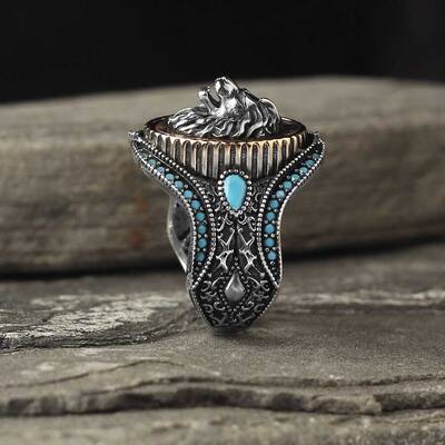 925 Sterling Silver Men's Ring With Lion Head Turquoise Stone - 2
