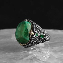 925 Sterling Silver Men's Ring With Malachite Stone - Luxury Jewelry