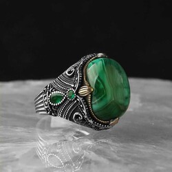 925 Sterling Silver Men's Ring With Malachite Stone - 2