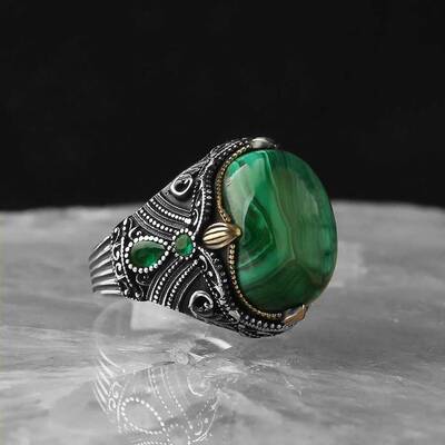925 Sterling Silver Men's Ring With Malachite Stone - 2