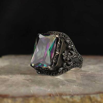 925 Sterling Silver Men's Ring With Mystic Topaz Stone - 2