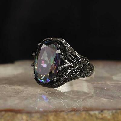925 Sterling Silver Men's Ring With Mystic Topaz Stone - 2