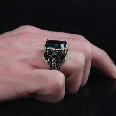 925 Sterling Silver Men's Ring With Mystic Topaz Stone - 3
