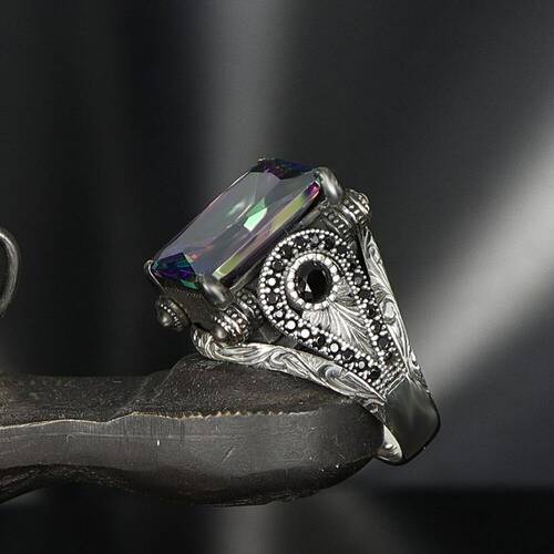 925 Sterling Silver Men's Ring With Mystic Topaz Stone - 1