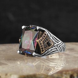 925 Sterling Silver Men's Ring With Mystic Topaz Stone - Luxury Jewelry
