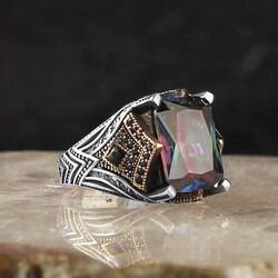 925 Sterling Silver Men's Ring With Mystic Topaz Stone - 2