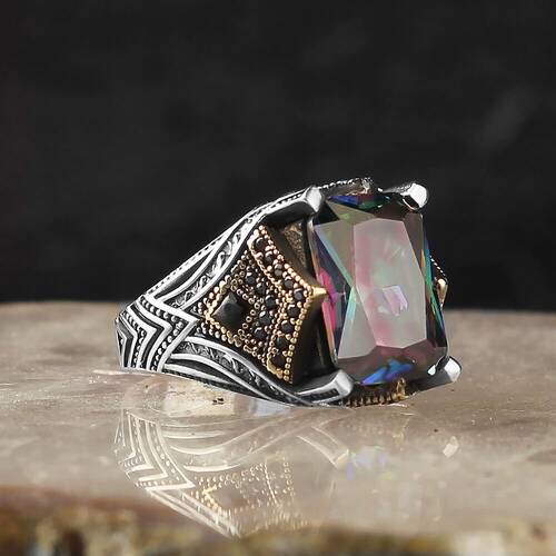 925 Sterling Silver Men's Ring With Mystic Topaz Stone - 2
