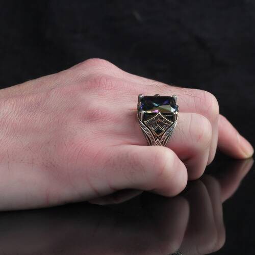 925 Sterling Silver Men's Ring With Mystic Topaz Stone - 3