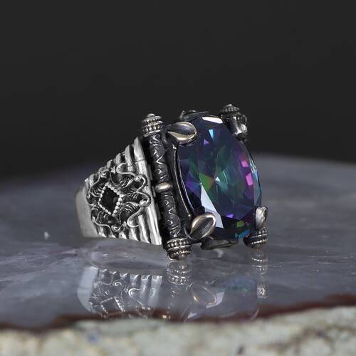 925 Sterling Silver Men's Ring With Mystic Topaz Stone - 1