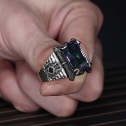 925 Sterling Silver Men's Ring With Mystic Topaz Stone - 3