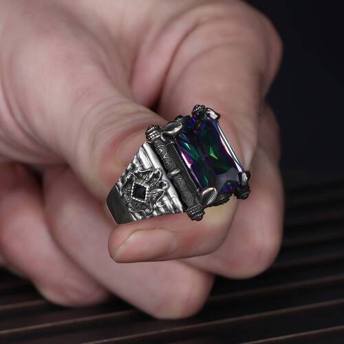 925 Sterling Silver Men's Ring With Mystic Topaz Stone - 3