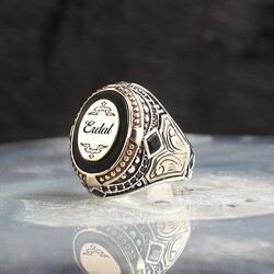 925 Sterling Silver Men's Ring With Name Written Onyx Stone - Luxury Jewelry
