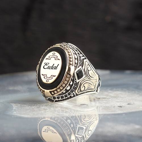 925 Sterling Silver Men's Ring With Name Written Onyx Stone - 1