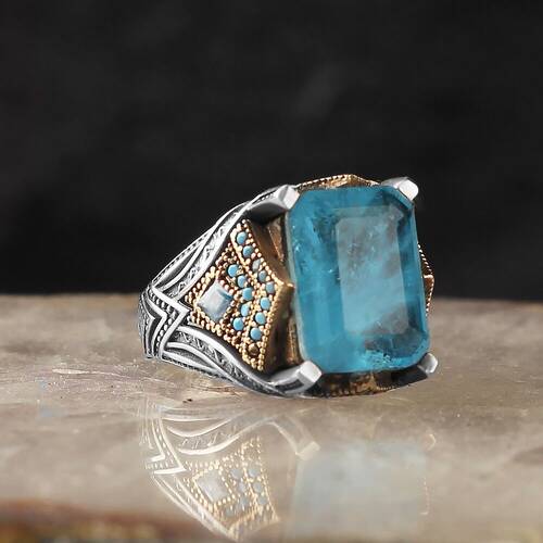 925 Sterling Silver Men's Ring With Paraiba Stone - 3