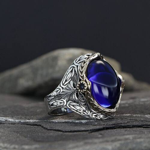 925 Sterling Silver Men's Ring With Parliament Blue Zircon Stone - 1