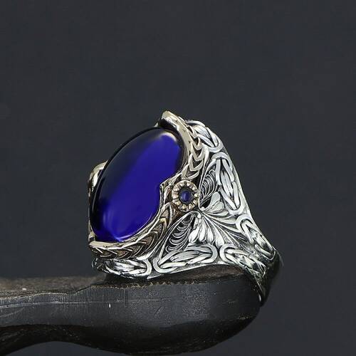 925 Sterling Silver Men's Ring With Parliament Blue Zircon Stone - 2