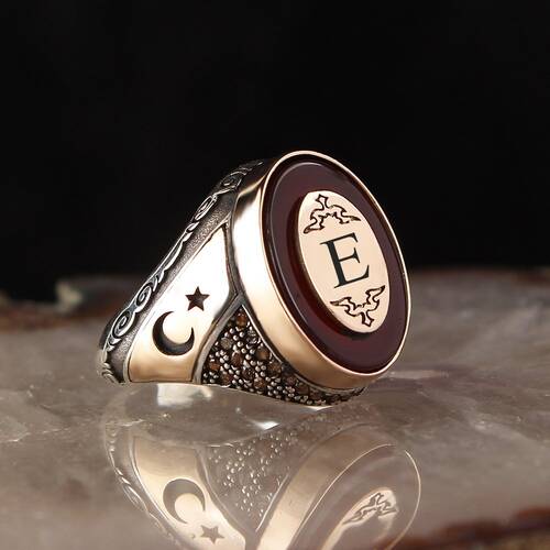 925 Sterling Silver Men's Ring With Personalized Letter Agate Stone - 1