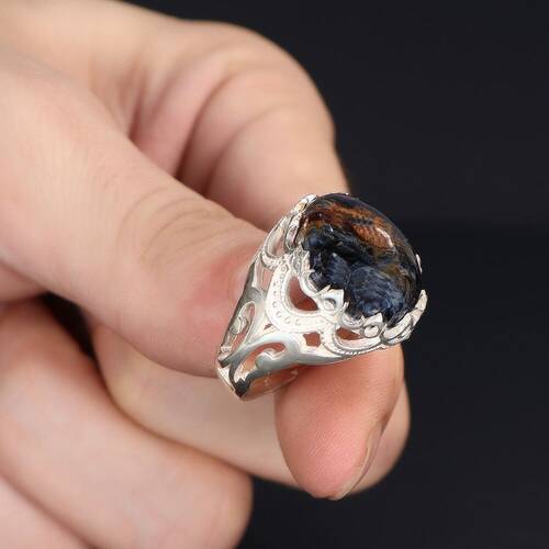 925 Sterling Silver Men's Ring With Pietersite Stone - 3