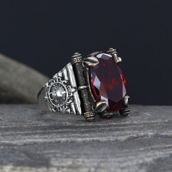 925 Sterling Silver Men's Ring With Red Zircon Stone - Luxury Jewelry