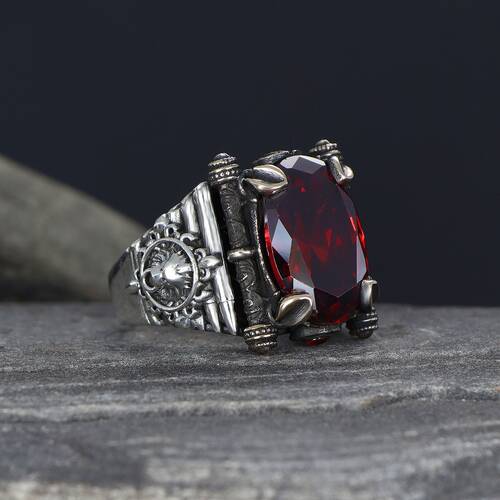 925 Sterling Silver Men's Ring With Red Zircon Stone - 1