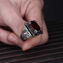 925 Sterling Silver Men's Ring With Red Zircon Stone - 3