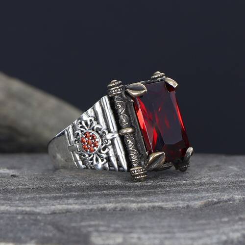 925 Sterling Silver Men's Ring With Red Zircon Stone - 1