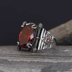 925 Sterling Silver Men's Ring With Red Zircon Stone - Luxury Jewelry