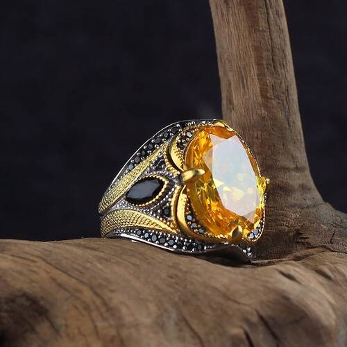 925 Sterling Silver Men's Ring With Rhodium Plated Citrine Stone - 2