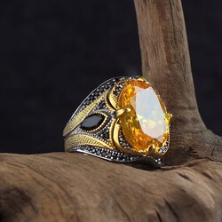 925 Sterling Silver Men's Ring With Rhodium Plated Citrine Stone - Luxury Jewelry