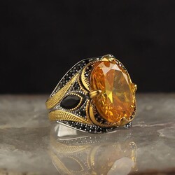 925 Sterling Silver Men's Ring With Rhodium Plated Citrine Stone - 3