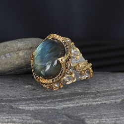 925 Sterling Silver Men's Ring With Rhodium Plated Labradorite Stone - Luxury Jewelry