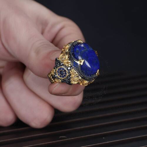 925 Sterling Silver Men's Ring With Rhodium Plated Lapis Lazuli Stone - 2