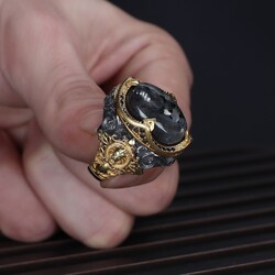 925 Sterling Silver Men's Ring With Rhodium Plated Larvakit Stone - 3