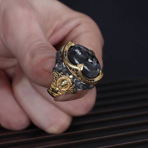 925 Sterling Silver Men's Ring With Rhodium Plated Larvakit Stone - 3