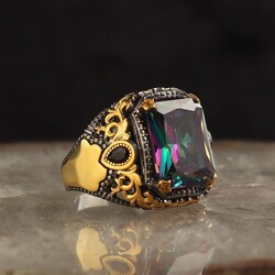 925 Sterling Silver Men's Ring With Rhodium Plated Mystic Topaz Stone - Elegant Jewelry