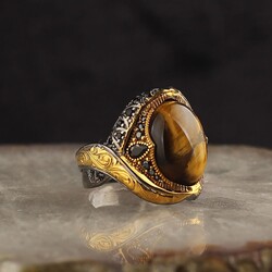 925 Sterling Silver Men's Ring With Rhodium Plated Tiger's Eye Stone - Elegant Jewelry