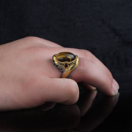 925 Sterling Silver Men's Ring With Rhodium Plated Tiger's Eye Stone - 3