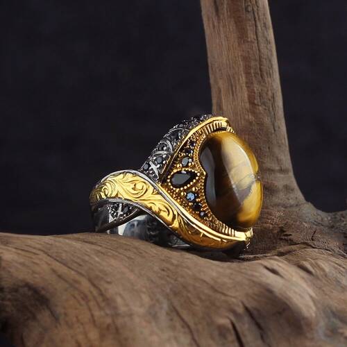 925 Sterling Silver Men's Ring With Rhodium Plated Tiger's Eye Stone - 2